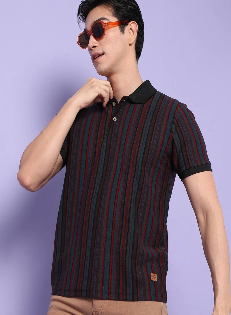Campus Sutra Men's Multicolour Striped Short Sleeve Regular Fit Casual Polo T-Shirt For Casual Wear | Modern Clothing T-Shirt Crafted With Comfort Fit And High-Performance For Everyday Wear