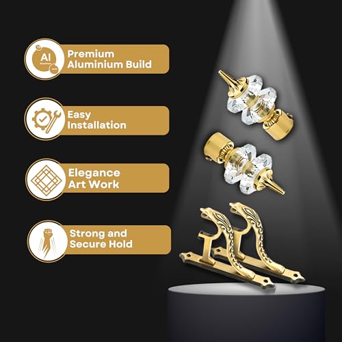 GLOXY ENTERPRISE Aluminium Double Diamond Curtain Brackets Parda Holders with Support Fittings 1 Inch Rod Pocket Finials Designer Door and Window ( Golden 6 Pair) - Image 4