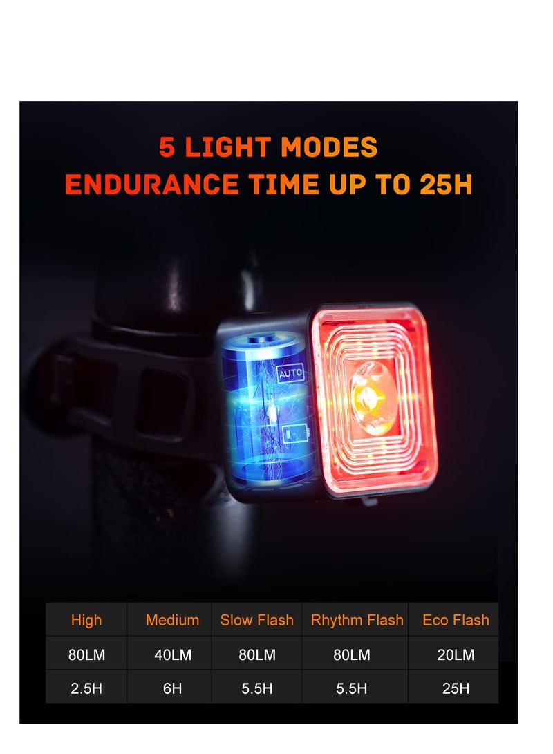 Excefore Smart Bike Tail Light, Brake Sensing Rear Lights, USB Rechargeable Bike Light Kit, IP66 Waterproof & Dustproof, 5 Light Modes, One-Piece Aluminum Alloy Bicycle Lights Front  - Image 5