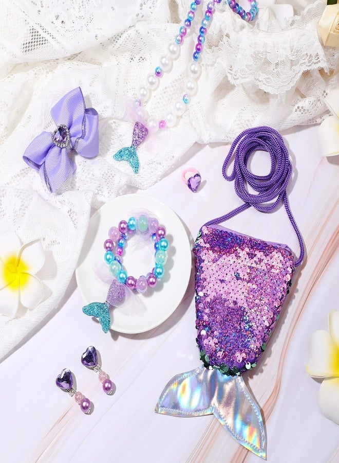MTLEE 6 Pcs Mermaid Jewelry for Girls, Halloween Mermaid Jewelry for Kids Pretend Play Costume Accessories Necklace Bracelet Purse Ring Bow Hair Clip Earrings Christmas Dress up Party Decorations - Image 4