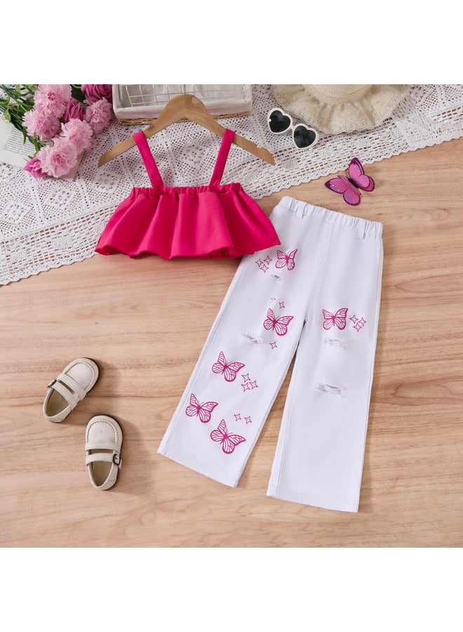European And American Children's Wear Fashion Brand Sling Top Printed Jeans Suit Summer New Suit