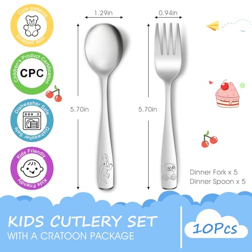 AUOIKK 10-Piece Toddler Flatware, Kids Utensils Stainless Steel Cutlery Set, Children Safe Spoons and Forks with Ergonomic Handle, Easy to use and Dishwasher Safe (Crocodile and Bear) - Image 2