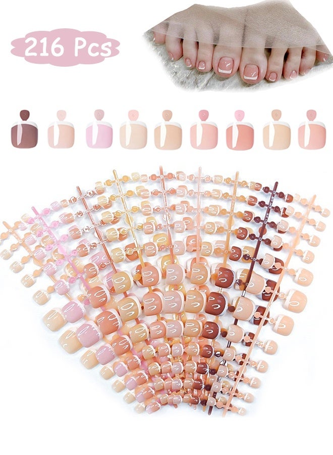 جي دي 216 قطعة من أظافر القدم اللاصقة - أظافر قدم صناعية قصيرة لامعة بيضاء ذات أطراف فرنسية - أظافر قدم بيضاء لاصقة ذات أطراف فرنسية - تصاميم لاصقة لأظافر القدم الاصطناعية للنساء - Image 1