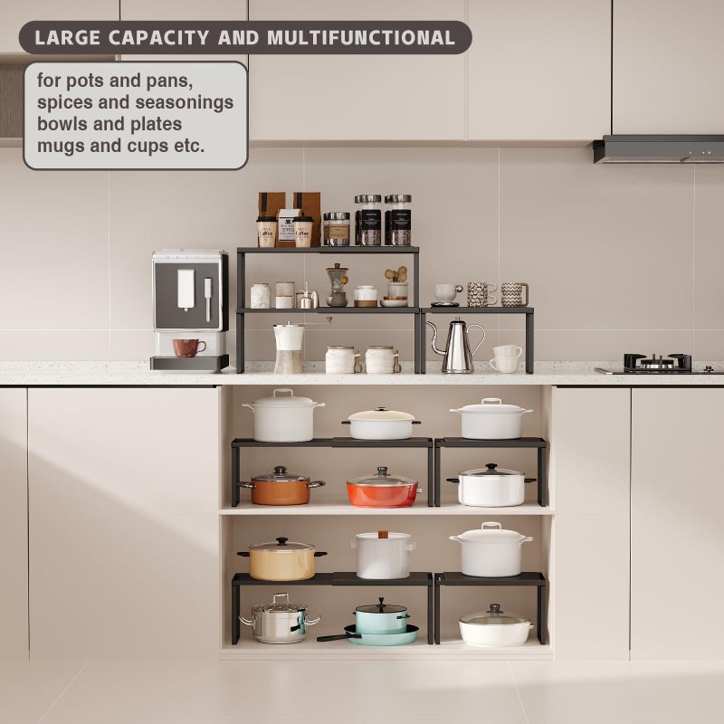 Magheo Expandable Cabinet Shelf Organizer, 2 Pack Stackable Kitchen Counter Shelf Riser, Metal Spice Rack Adjustable Heavy Duty Countertop Organizer Storage for Kitchen, Pantry, Cupboard, Rv (Black) - Image 5