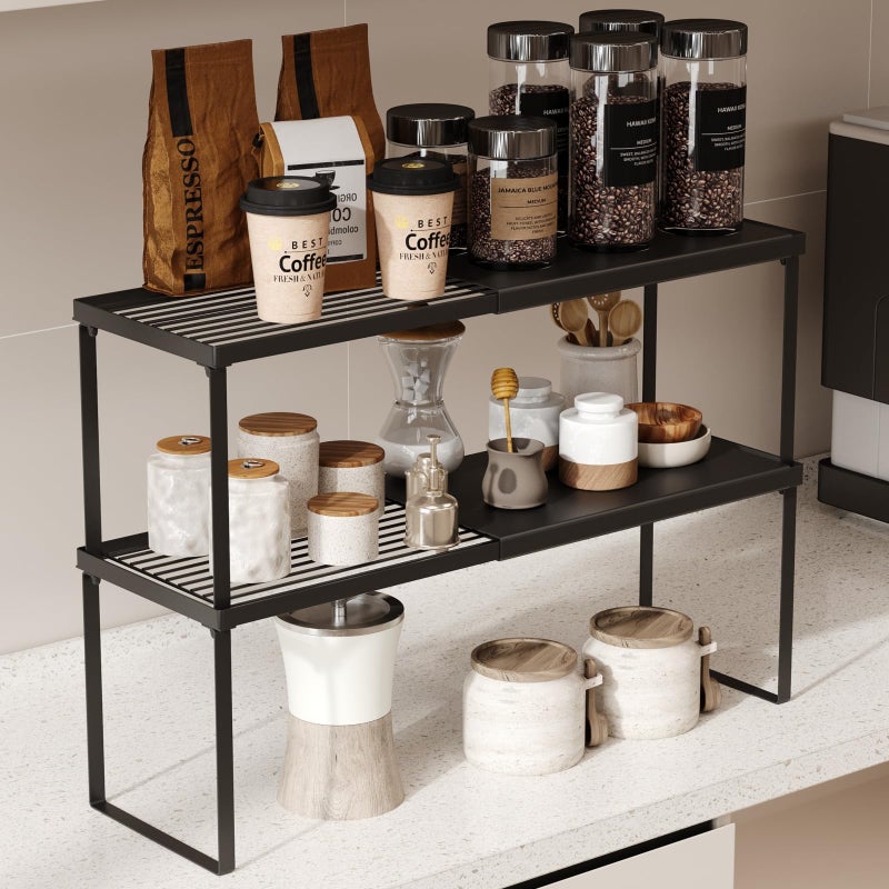 Magheo Expandable Cabinet Shelf Organizer, 2 Pack Stackable Kitchen Counter Shelf Riser, Metal Spice Rack Adjustable Heavy Duty Countertop Organizer Storage for Kitchen, Pantry, Cupboard, Rv (Black) - Image 1