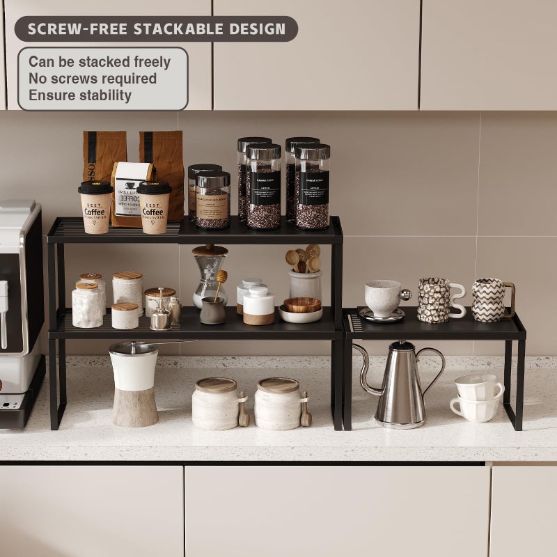 Magheo Expandable Cabinet Shelf Organizer, 2 Pack Stackable Kitchen Counter Shelf Riser, Metal Spice Rack Adjustable Heavy Duty Countertop Organizer Storage for Kitchen, Pantry, Cupboard, Rv (Black) - Image 3