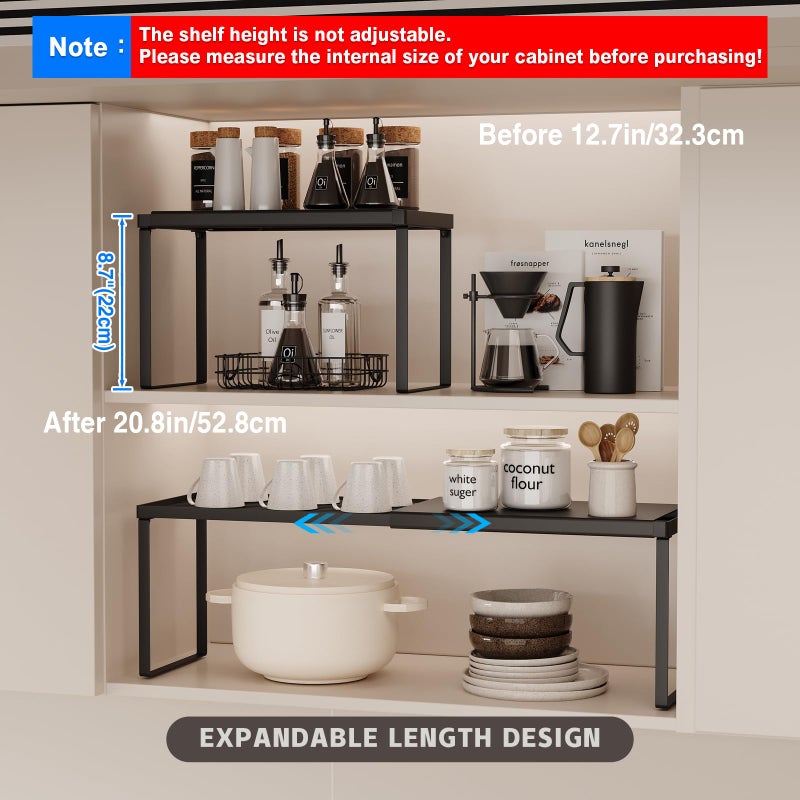 Magheo Expandable Cabinet Shelf Organizer, 2 Pack Stackable Kitchen Counter Shelf Riser, Metal Spice Rack Adjustable Heavy Duty Countertop Organizer Storage for Kitchen, Pantry, Cupboard, Rv (Black) - Image 2