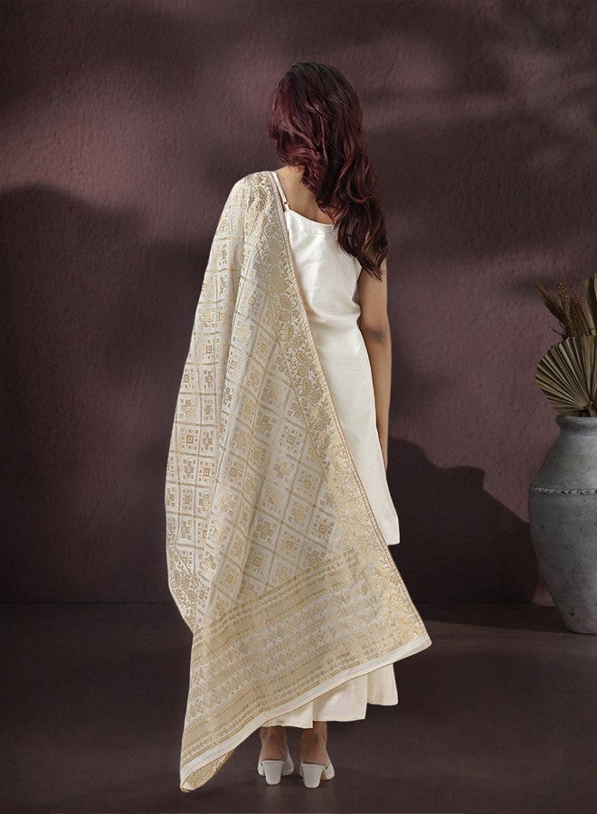 ISHIN Women's Off White Rayon Embellished Tunic Full Length Palazzo Straight Fit Kurta Set - Image 3