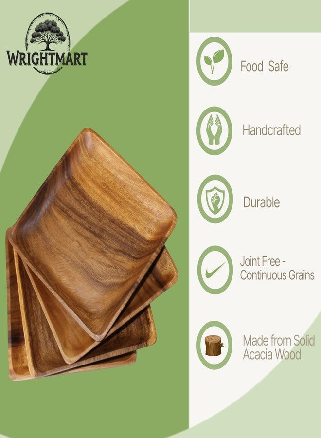 WRIGHTMART Set of 4 Acacia Wood Plates, 10" Square Dinner Plates, Solid Single-Piece Wood, Doubles as Serving Board, Wooden Plate Set for Steak, Pasta, Salad - Image 3