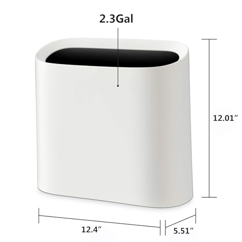 SUBEKYU 2.3 Gal Trash Can for Bathroom,Small Office Garbage Can for Kitchen,Slim Rectangular Waste Bin,Plastic,White - Image 3