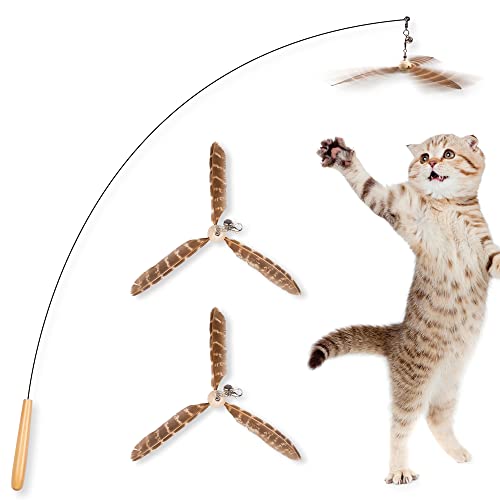 JXFUKAL Cat Wand Toys Interactive Cat Toys with 3 Feather Refills 29 Flexible Steel Wire Sturdy Wood Handle Bell for Kitty Kitten Cat Toys for Indoor Cats Teaser Cat String Toy - Image 1