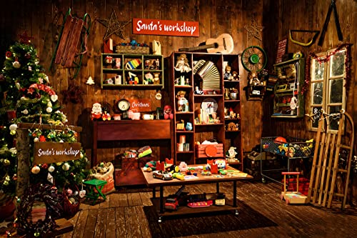 OUYIDA Christmas Santas Workshop Photography Backdrop Vintage Rustic Wood House Cottage Gift Xmas Tree Decoration Background Kids Indoor Portrait Photo Studio Photobooth Props 12X8FT CEM251D - Image 1