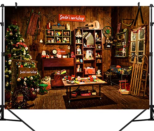 OUYIDA Christmas Santas Workshop Photography Backdrop Vintage Rustic Wood House Cottage Gift Xmas Tree Decoration Background Kids Indoor Portrait Photo Studio Photobooth Props 12X8FT CEM251D - Image 3