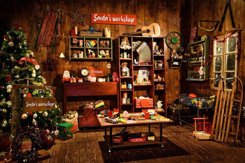 OUYIDA Christmas Santas Workshop Photography Backdrop Vintage Rustic Wood House Cottage Gift Xmas Tree Decoration Background Kids Indoor Portrait Photo Studio Photobooth Props 12X8FT CEM251D - Image 2