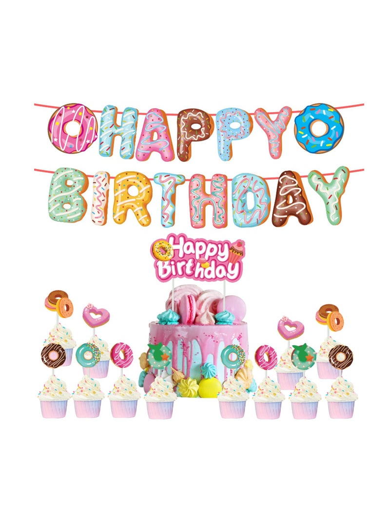 Excefore Donut Birthday Party Decoration, 14 Pcs Donut Cupcake Toppers, Happy Birthday Banner, Donut Themed Party Tea Party, for Kids Birthday Baby Shower Wall Decoration - Image 1