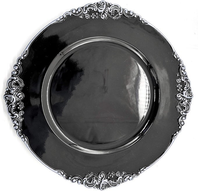 13INCH 6PACK HEAVY QUALITY ROUND CHARGER PLATESFLORAL BLACK SILVER TRIMHD80349