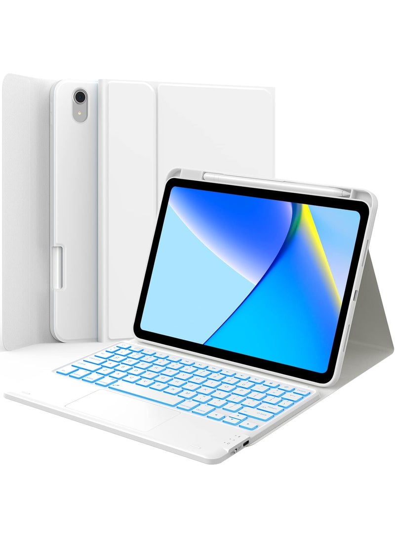 جراب لوحة مفاتيح لجهاز iPad الجيل الحادي عشر (A16، 2025) / الجيل العاشر (2022)، غطاء مقاوم للبقع، إضاءة خلفية بسبعة ألوان، جراب لوحة مفاتيح قابل للفصل مع لوحة لمس وحامل قلم، أبيض - Image 1