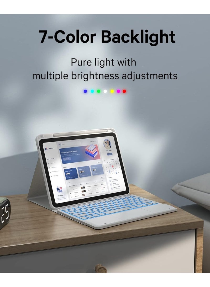 جراب لوحة مفاتيح لجهاز iPad الجيل الحادي عشر (A16، 2025) / الجيل العاشر (2022)، غطاء مقاوم للبقع، إضاءة خلفية بسبعة ألوان، جراب لوحة مفاتيح قابل للفصل مع لوحة لمس وحامل قلم، أبيض - Image 3