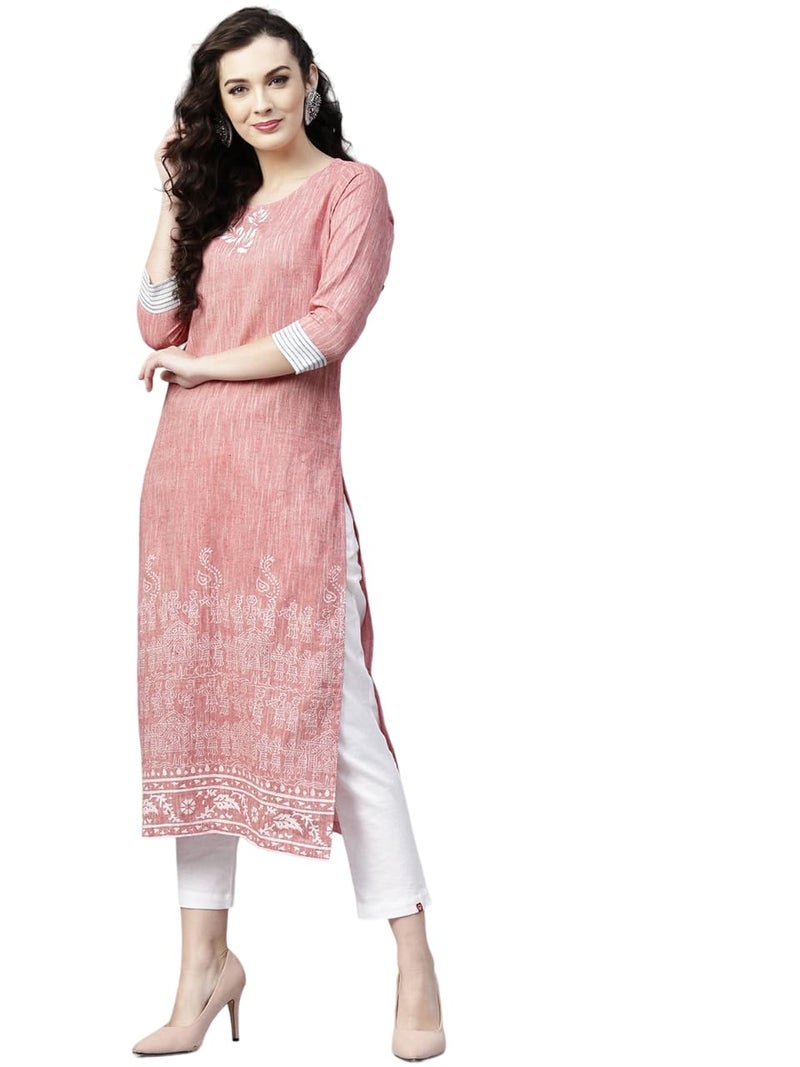 Pannkh Women's Madhubani Block Print Chambray Kurta Artistic Ethnic Long Kurti in Soft Cotton Handcrafted-Inspired Design for Everyday Elegance - Image 1