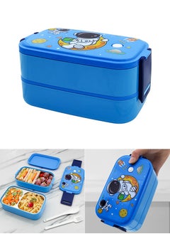 TAPIT 2-Layer Student Stainless Steel Lunch Box for Kids, Leakproof Bento Box for Children, Rectangular Cute Cartoon Print Lunch Box for School (Blue)  - Image 1