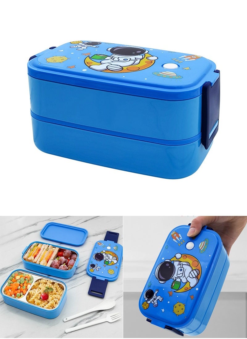 TAPIT - 2-Layer Student Stainless Steel Lunch Box for Kids, Leakproof Bento Box for Children, Rectangular Cute Cartoon Print Lunch Box for School (Blue) - Image 1