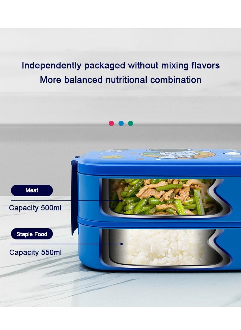 TAPIT - 2-Layer Student Stainless Steel Lunch Box for Kids, Leakproof Bento Box for Children, Rectangular Cute Cartoon Print Lunch Box for School (Blue) - Image 1