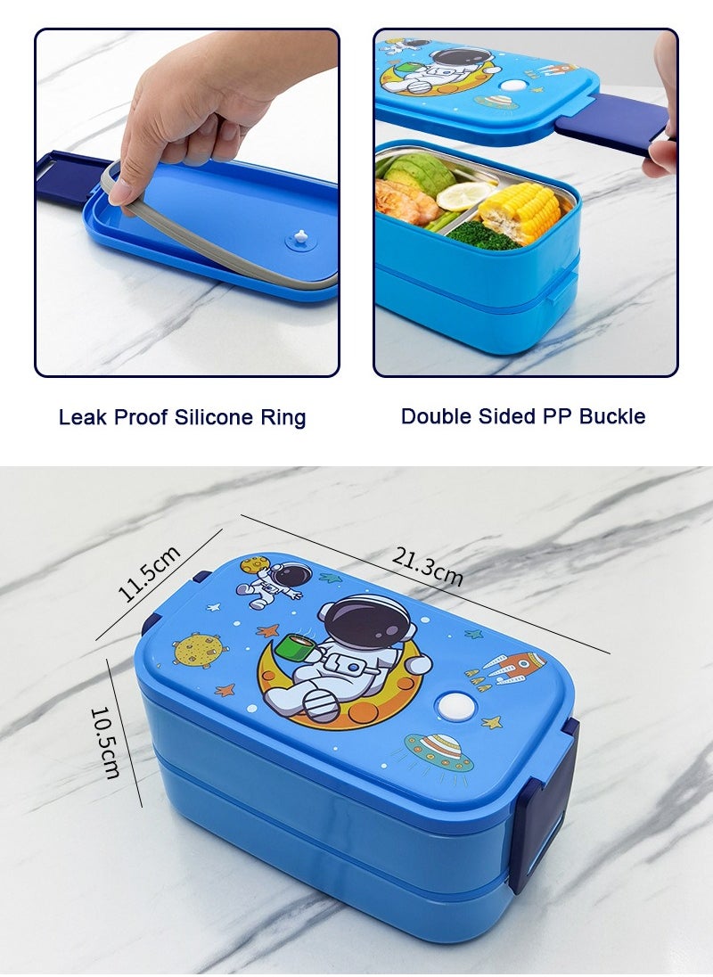 TAPIT - 2-Layer Student Stainless Steel Lunch Box for Kids, Leakproof Bento Box for Children, Rectangular Cute Cartoon Print Lunch Box for School (Blue) - Image 1