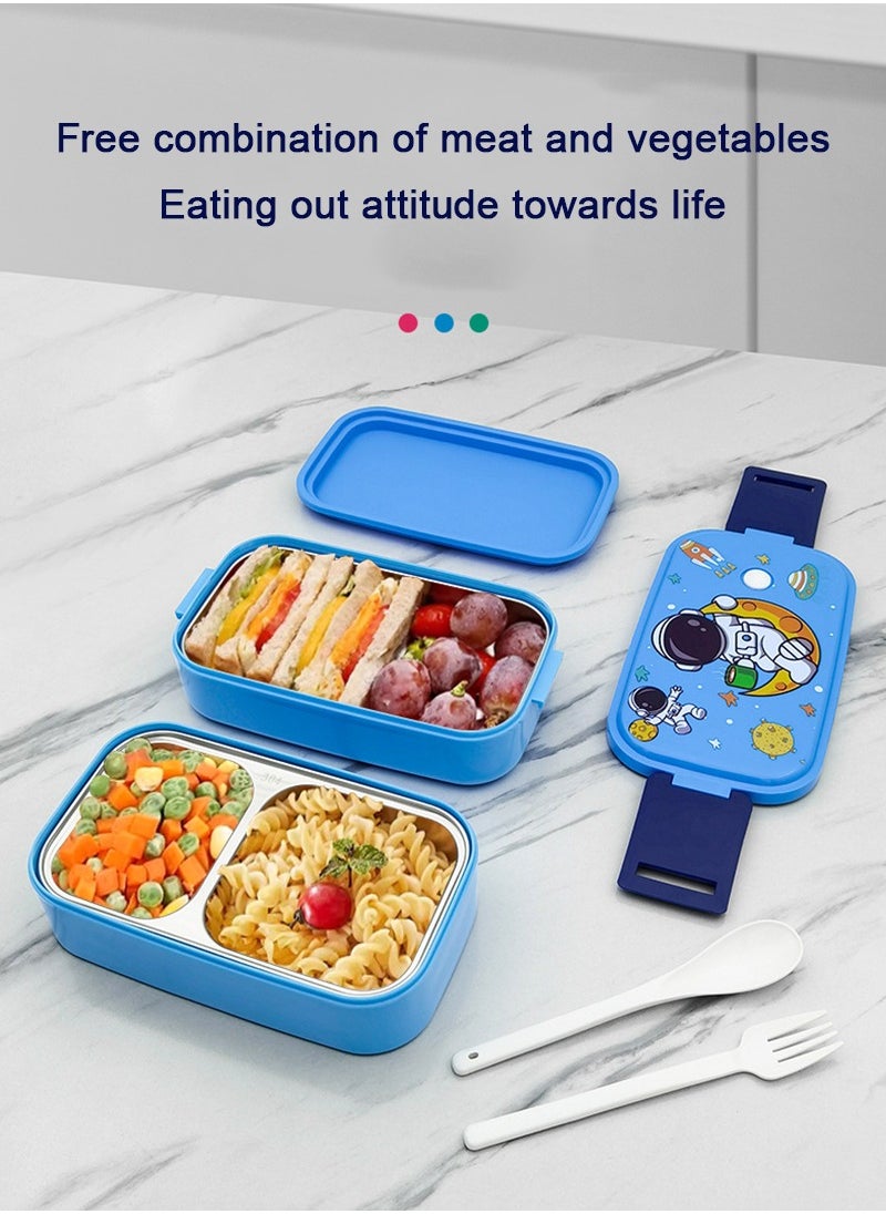 TAPIT - 2-Layer Student Stainless Steel Lunch Box for Kids, Leakproof Bento Box for Children, Rectangular Cute Cartoon Print Lunch Box for School (Blue) - Image 1