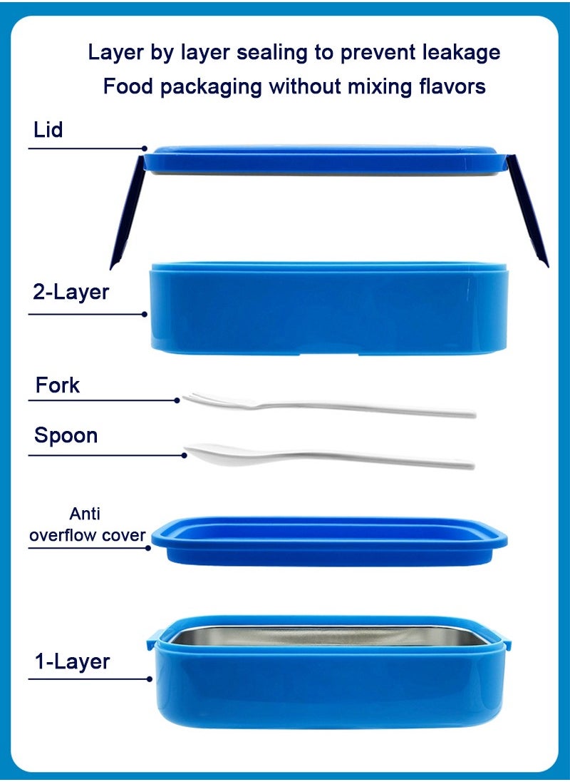 TAPIT - 2-Layer Student Stainless Steel Lunch Box for Kids, Leakproof Bento Box for Children, Rectangular Cute Cartoon Print Lunch Box for School (Blue) - Image 1