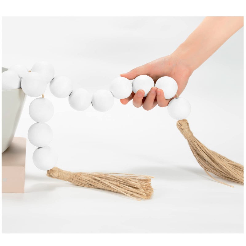 OMISHE 76 Long Extra Large Wood Bead Garland with 16 Diameter Wooden Beads and Tassels Rustic Farmhouse Country Decorative Beads for Home Tiered Tray Decor White