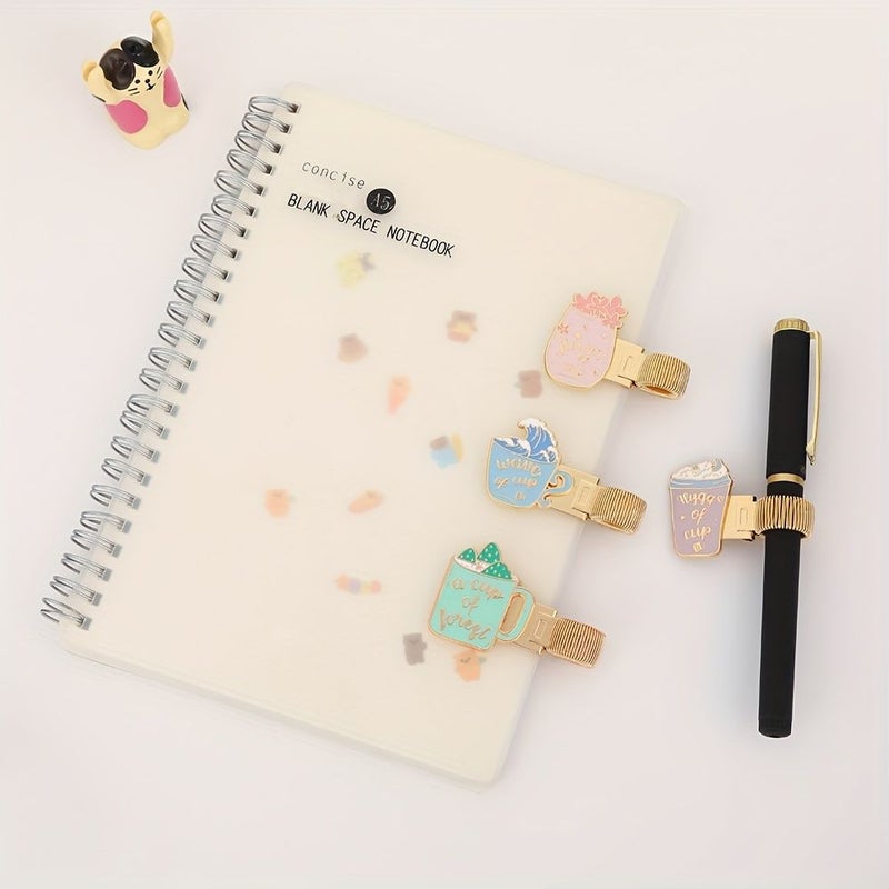 Green Metal Cartoon Mug Pen Holder with Spring Clip for Journal Office Supplies - Image 3
