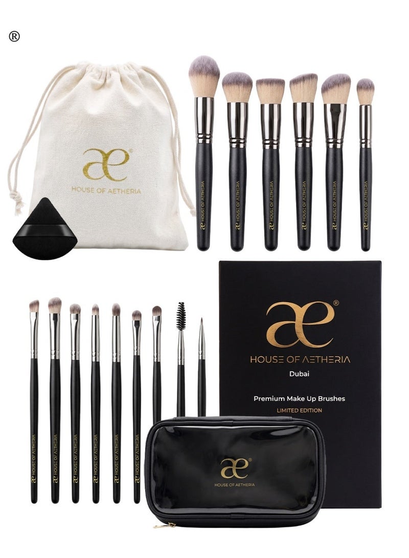 House of Aetheria 18 piece Grigio Professional Makeup Brush Set, with V Shape Puff, Canvas & Makeup bag - Image 1
