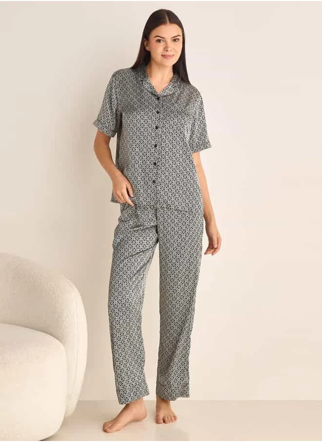 Splash FAV Floral Print Camp Collar Shirt and Elasticated Pyjama Set