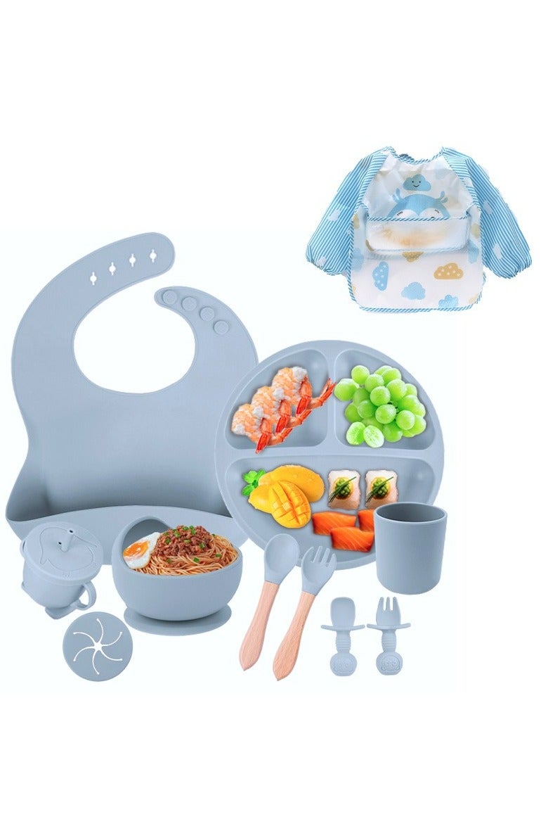 11-in-1 Premium Baby Feeding Set (6+ Months) | FDA and CPC Approved | BPA-Free Silicone Suction Bowl (Includes apron, bib, plate, cup, fork, and spoon) | Dishwasher- and microwave-safe (Blue) - Image 1