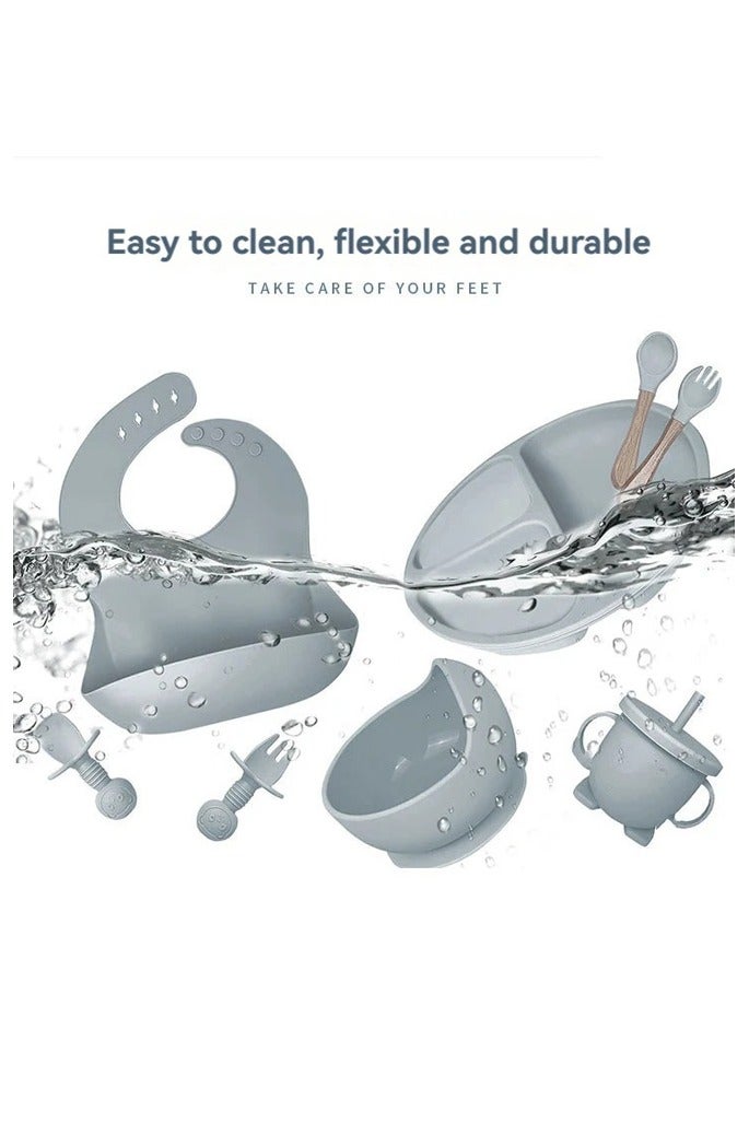 11-in-1 Premium Baby Feeding Set (6+ Months) | FDA and CPC Approved | BPA-Free Silicone Suction Bowl (Includes apron, bib, plate, cup, fork, and spoon) | Dishwasher- and microwave-safe (Blue) - Image 3