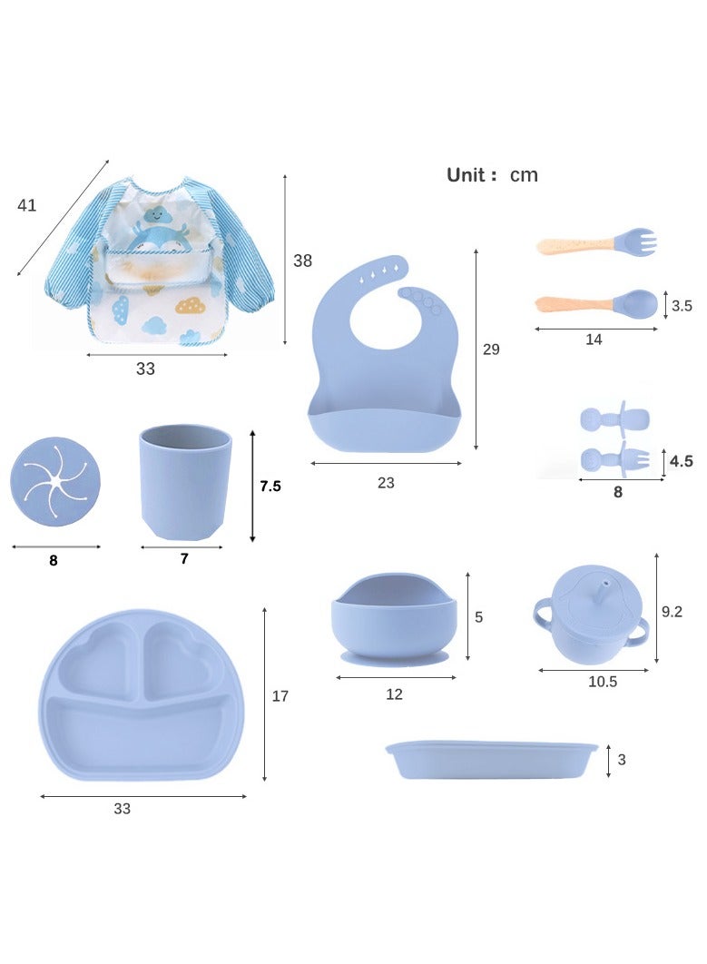 11-in-1 Premium Baby Feeding Set (6+ Months) | FDA and CPC Approved | BPA-Free Silicone Suction Bowl (Includes apron, bib, plate, cup, fork, and spoon) | Dishwasher- and microwave-safe (Blue) - Image 2