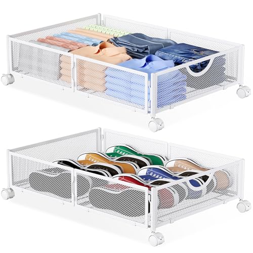 Yecaye Under Bed Storage with Wheels 2 Pack Under Bed Shoe Storage Organizer Drawer Toolfree Assembly Metal Underbed Storage Containers for Clothes Shoes White - Image 1
