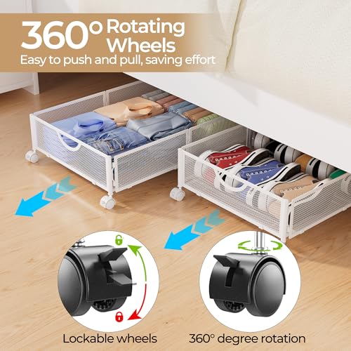 Yecaye Under Bed Storage with Wheels 2 Pack Under Bed Shoe Storage Organizer Drawer Toolfree Assembly Metal Underbed Storage Containers for Clothes Shoes White - Image 3