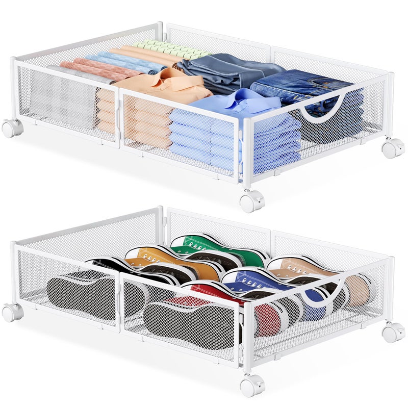 Yecaye Under Bed Storage with Wheels 2 Pack Under Bed Shoe Storage Organizer Drawer Toolfree Assembly Metal Underbed Storage Containers for Clothes Shoes White - Image 2