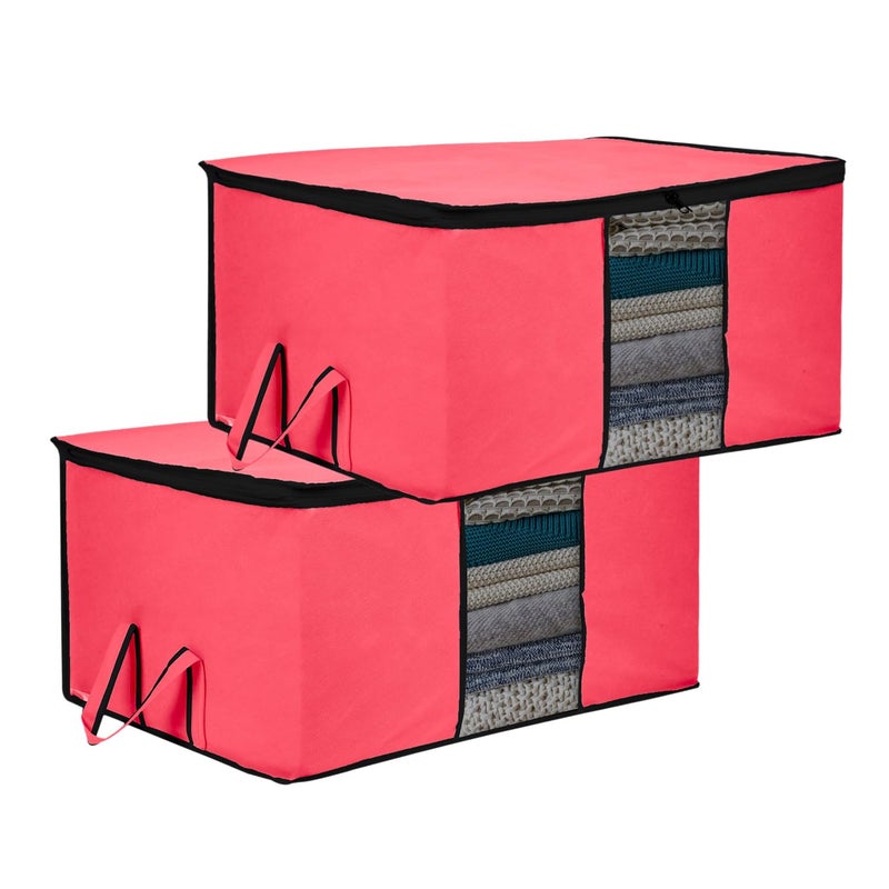 Kuber Industries Underbed Storage Bag Clothes Storage Bag Blanket Cover with Clear Window Zipper Closure Handle Cloth Organizer Plain Black Border Large Pack of 2 Pink - Image 1