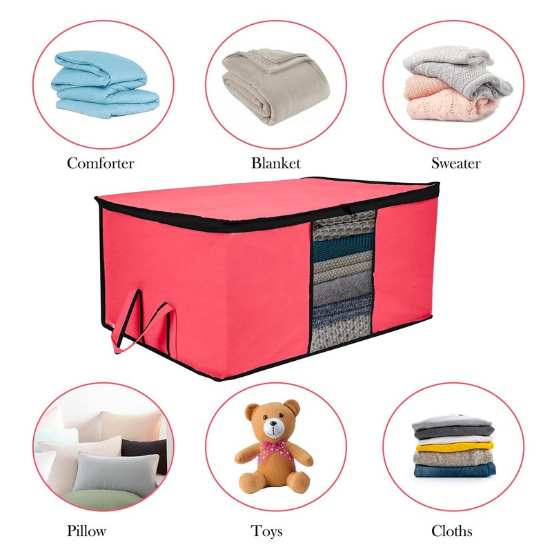 Kuber Industries Underbed Storage Bag Clothes Storage Bag Blanket Cover with Clear Window Zipper Closure Handle Cloth Organizer Plain Black Border Large Pack of 2 Pink - Image 5