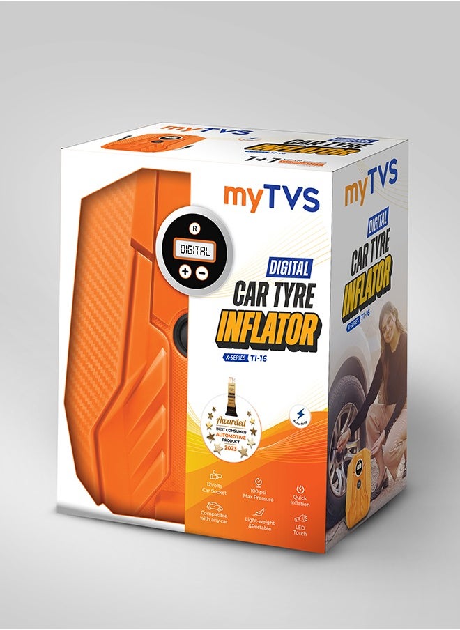 ماي تي في اس منفاخ إطارات رقمي من myTVS للسيارات والدراجات بقوة 100 رطل/بوصة مربعة مع إيقاف تلقائي ومصباح LED | متوافق مع جميع السيارات | ضمان لمدة سنة +1 سنة (TI-16)  - Image 2