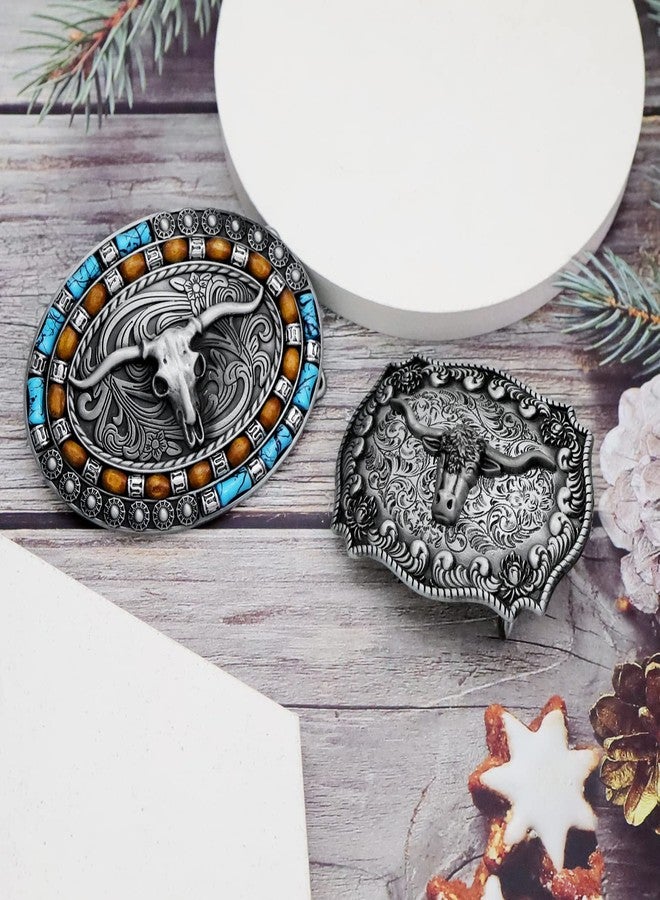 RechicGu 2 Pieces Turquoise Long Horn Bull Belt Buckles Western Cowboy Belt Buckle for Men Women Vintage Silvery, 2 Styles - Image 3