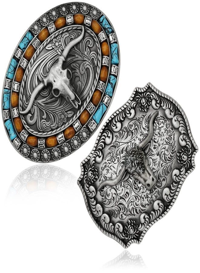 RechicGu 2 Pieces Turquoise Long Horn Bull Belt Buckles Western Cowboy Belt Buckle for Men Women Vintage Silvery, 2 Styles - Image 1