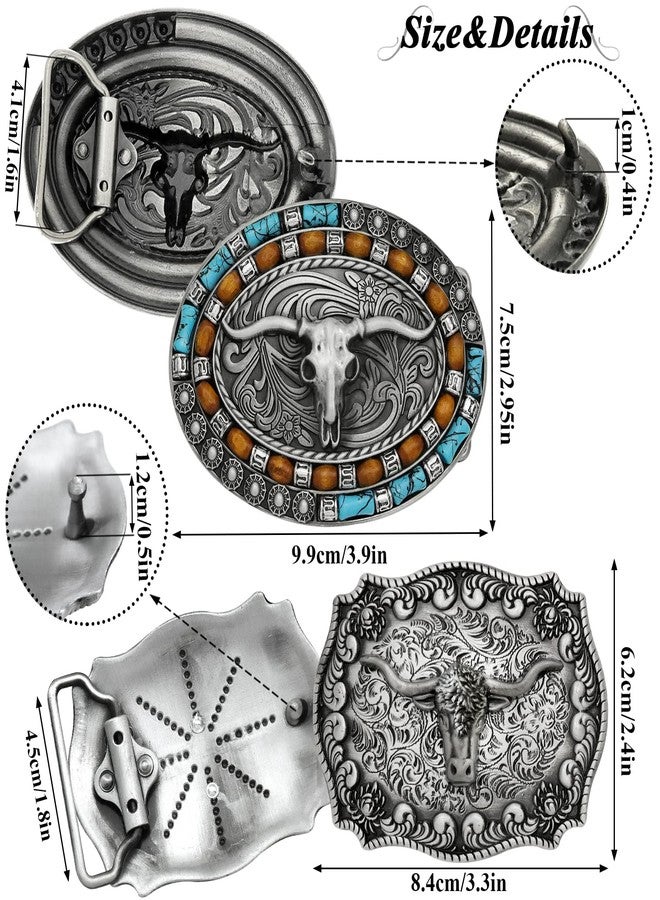 RechicGu 2 Pieces Turquoise Long Horn Bull Belt Buckles Western Cowboy Belt Buckle for Men Women Vintage Silvery, 2 Styles - Image 5