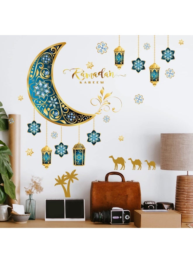 Chielor Ramadan Wall Decor Stickers, Islamic Muslim Wall Decals Stickers Eid Mubarak Lantern Moon Star Window Decor for Home Living Room Bedroom Decorations Ramadan Wallpaper (Dark Blue and Gold) - Image 1