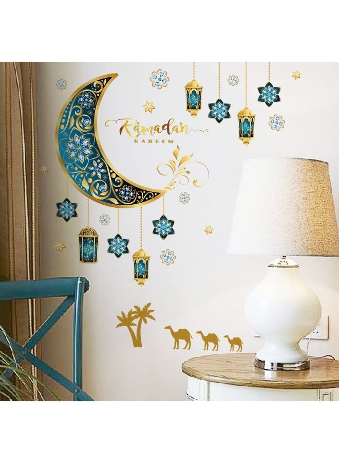 Chielor Ramadan Wall Decor Stickers, Islamic Muslim Wall Decals Stickers Eid Mubarak Lantern Moon Star Window Decor for Home Living Room Bedroom Decorations Ramadan Wallpaper (Dark Blue and Gold) - Image 4