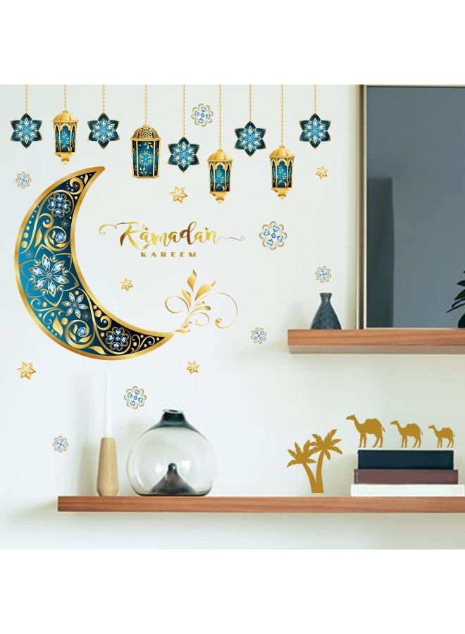 Chielor Ramadan Wall Decor Stickers, Islamic Muslim Wall Decals Stickers Eid Mubarak Lantern Moon Star Window Decor for Home Living Room Bedroom Decorations Ramadan Wallpaper (Dark Blue and Gold) - Image 2