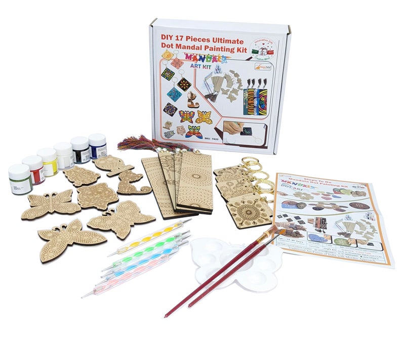 StepsToDo DIY 17 Pieces Ultimate Dot Mandala Painting Kit. Painting Kit with Pre-Mark Wooden Keychain (6), Fridge Magnets (7), Bookmark (4) Tools, Paint Brush, 6 Acrylic Colors, Color Pallet. - Image 1