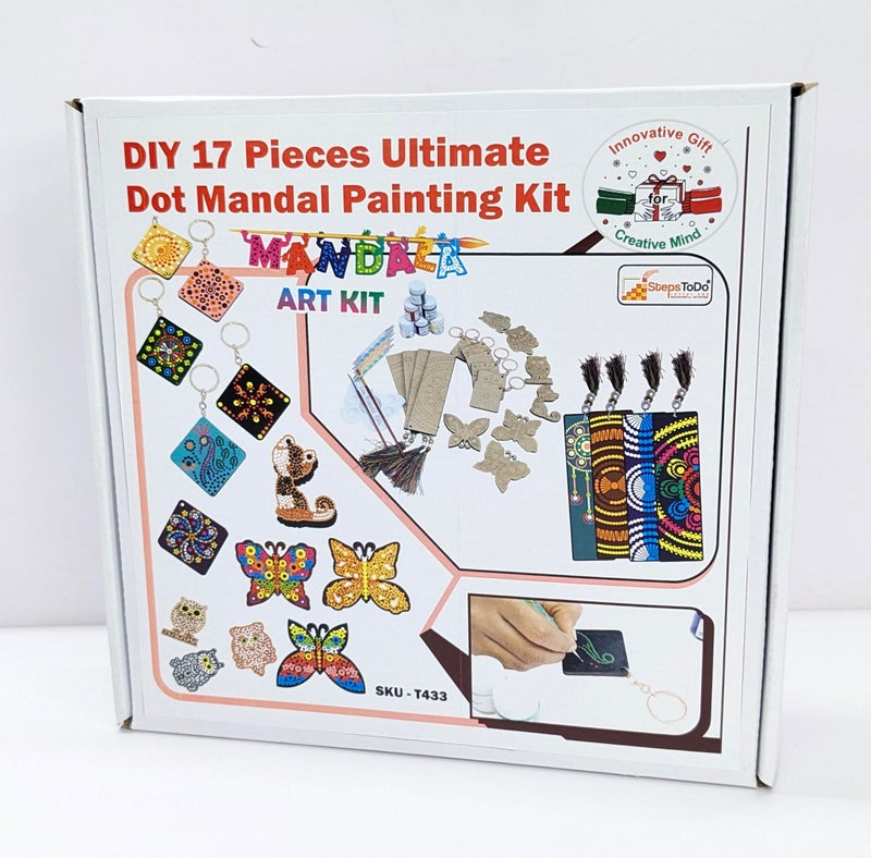StepsToDo DIY 17 Pieces Ultimate Dot Mandala Painting Kit. Painting Kit with Pre-Mark Wooden Keychain (6), Fridge Magnets (7), Bookmark (4) Tools, Paint Brush, 6 Acrylic Colors, Color Pallet. - Image 2